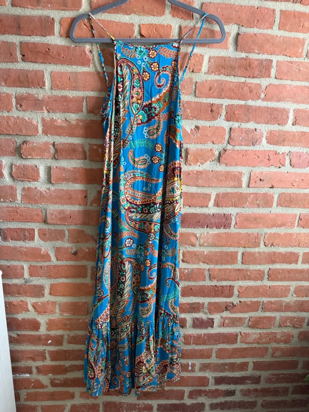 1.STATE Blue Paisley Dress with Orange and Green Accents